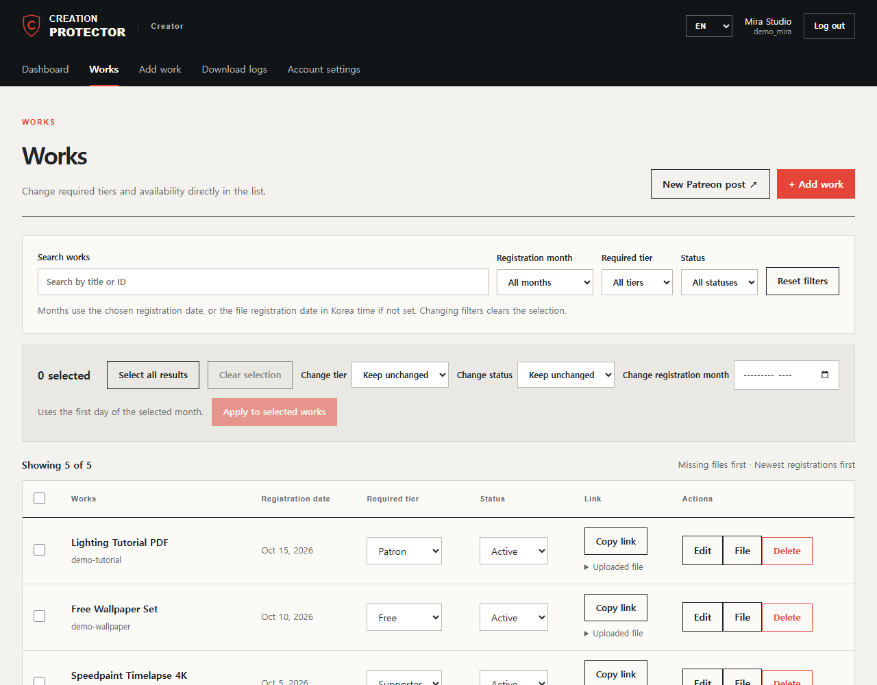 Works list showing each file with its required tier, status and a Copy link button